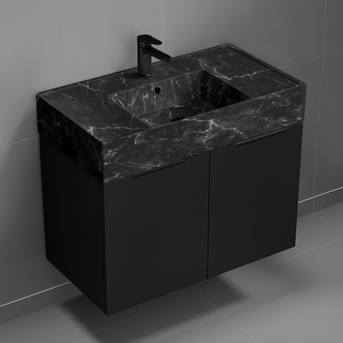 Nameeks DERIN998 32 Inch Black Marble Style Sink Black Floating Bathroom Vanity, Counter Space, 2 Doors